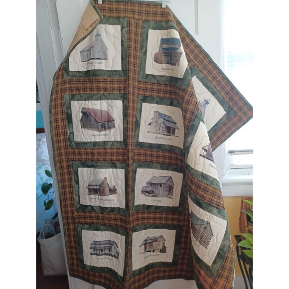 Great Smoky Mountains landmark quilt cabin church patchwork Tennessee coverlet - Picture 1 of 14